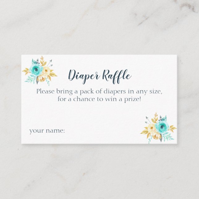 Diaper Raffle Gold Verde azulado Floral Tarjetas B (Anverso)