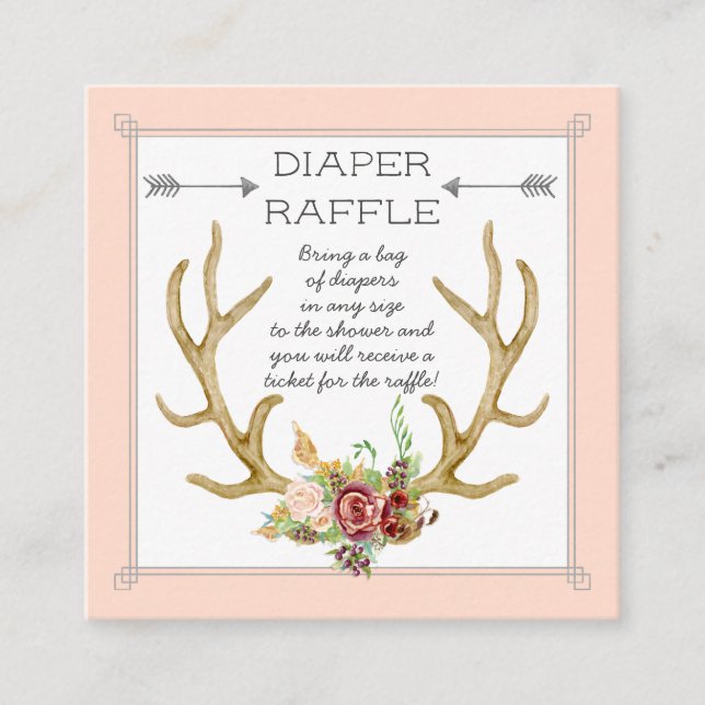 Diaper Raffle Ticket Boho Deer Antlers Rosas de Ru (Anverso)