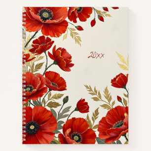 Diario con espiral floral de amapolas rojas