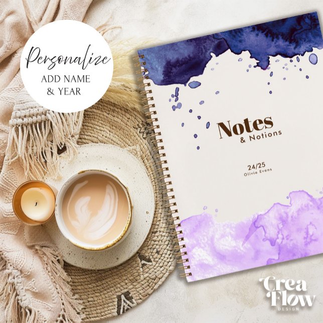 Diario de acuarela de la Marina y Lavender (Elegant daily notebook with Navy and Lilac watercolor cover design. All wording can be personalized)
