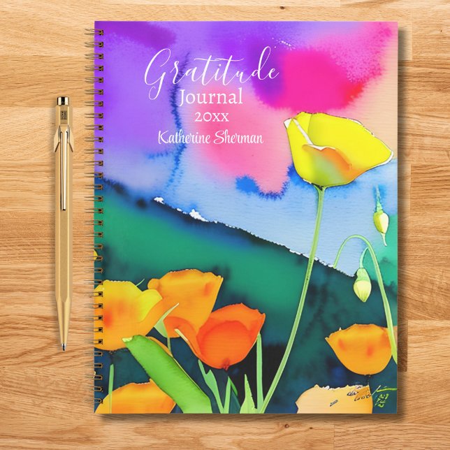 Diario de Gratitud Acuarela Floral Amapolas Rosada (Gratitude Journal: Start your day with a positive attitude. Write down 3 items daily. Add your name.)