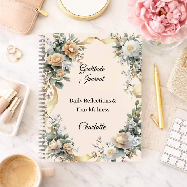 Diario de gratitud cinta dorada flores crema amari (Subido por el creador)