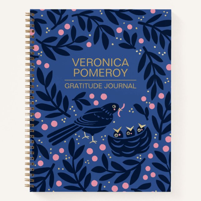 Diario De Gratitud De Aves Ilustrado Azul Y Rosa (Anverso)