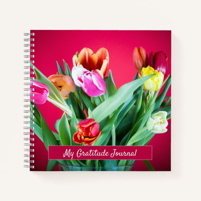 Diario de gratitud rojo floral con texto (Anverso)