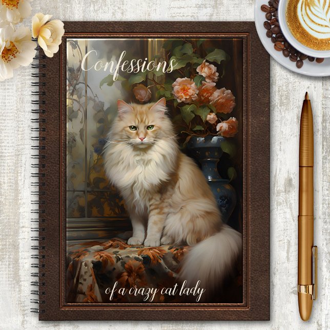 Diario de la Señora del Gato Loco (Notebook featuring a vintage painting of a long haired cat with roses. Crazy cat lady diary)
