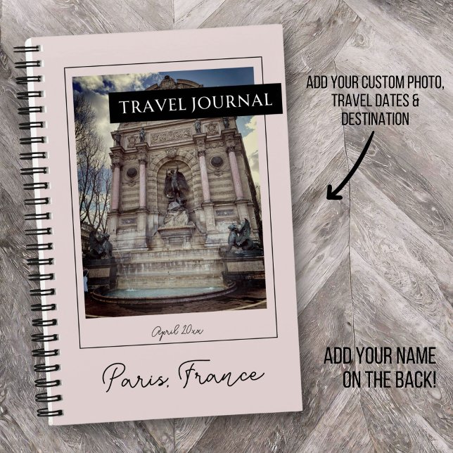 Diario de viajes de portada de personalizado | Ros (Pink and black travel journal with custom photo & personalized travel destination and travel dates.)