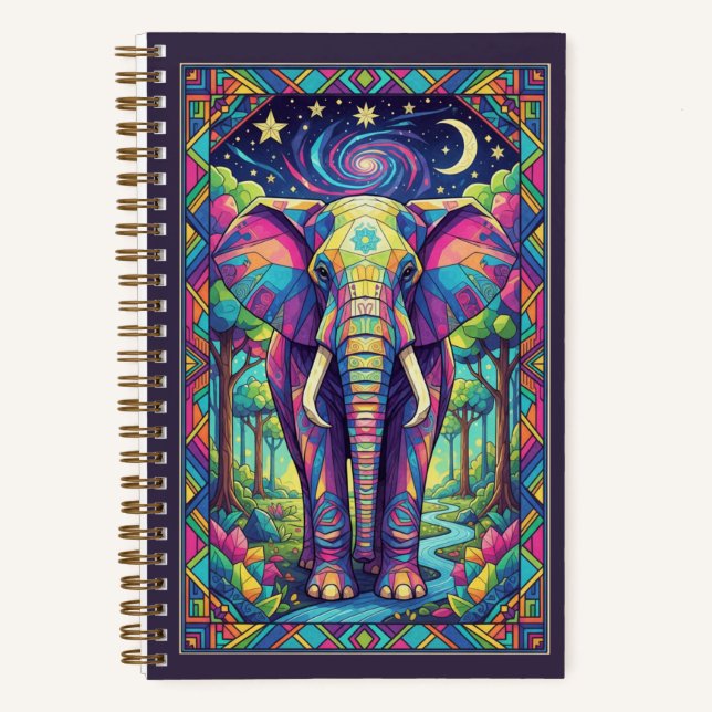 Diario Elefante Geométrico Arcoíris Bosque Cósmico (Anverso)