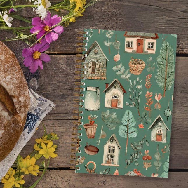 Diario estético "Cosy Cottage" Cottagecore (A green journal with a collage of cozy cottage images for the cottagecore enthusiast.)