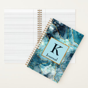 Diario monograma de mármol brillante azul y dorado