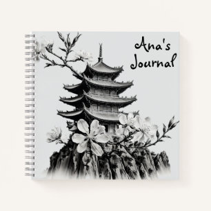 Diario Pagoda de flores de cerezo blanco y negro