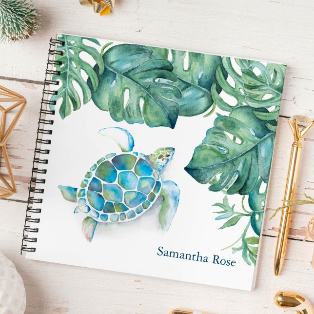 Diario personalizado de la tortuga acuática (Notebook personalized watercolor sea turtle and palm leaf art by Victoria Grigaliunas)