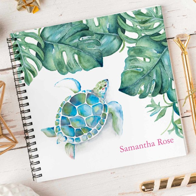 Diario personalizado de la tortuga acuática (Tropical watercolor sea turtle personalized notebook art by Victoria Grigaliunas Do Tell A Belle)