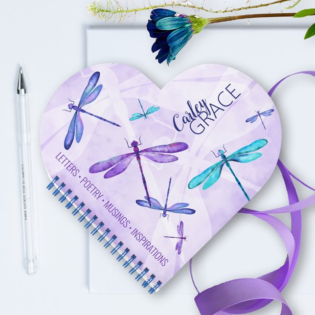 Diario Personalizado de violeta, azul y agua Drago (cute, personalized purple, turquoise dragonfly journal, Valentine's day heart-shaped book for girl)
