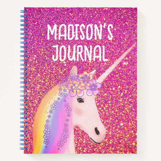 Diario personalizado Unicorn Purpurina rosa (Anverso)