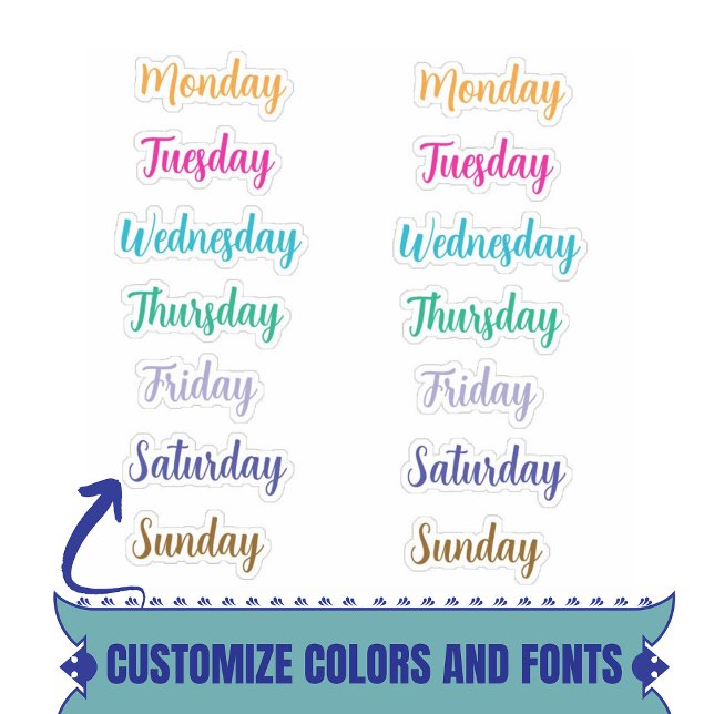 Días de la semana Pegatinas Personalizados decorat (Day of The Week Decorative Custom Stickers Monday to Sunday for Planners, Journals, Labels.)