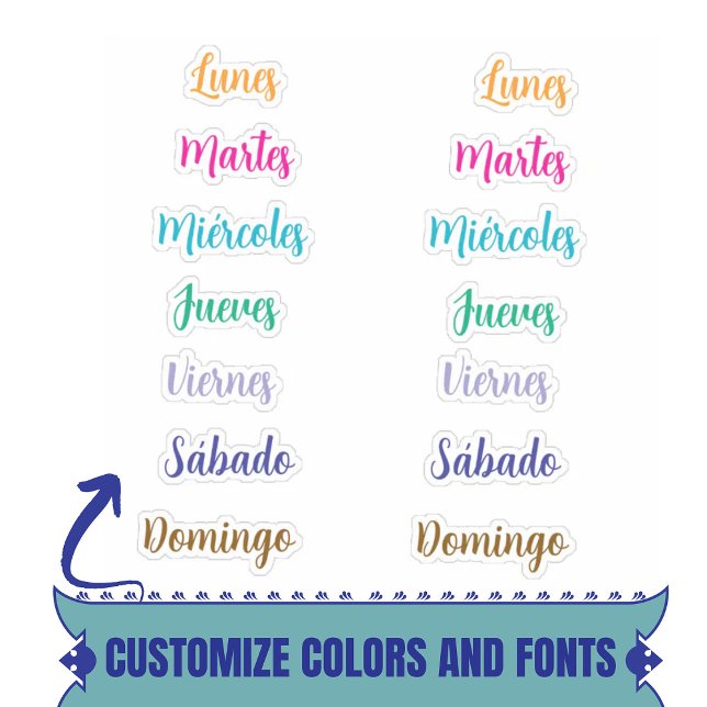 Días de la semana Personalizados Pegatinas español (Days of The Week Spanish Custom Stickers Lunes a Domingo)