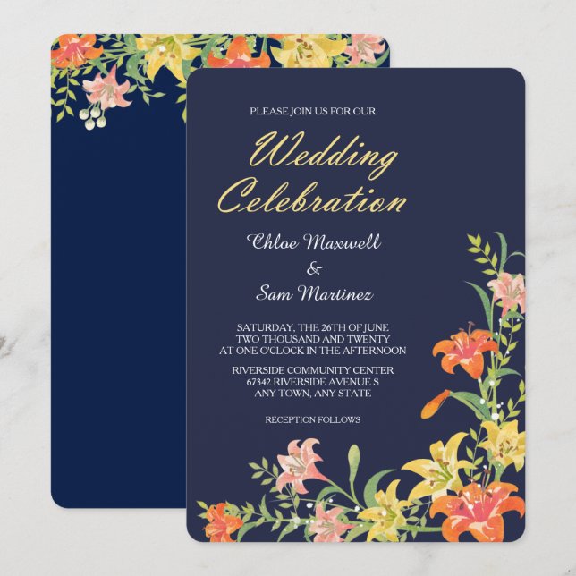Días de verano sobre la invitación a la boda azul  (Anverso / Reverso)