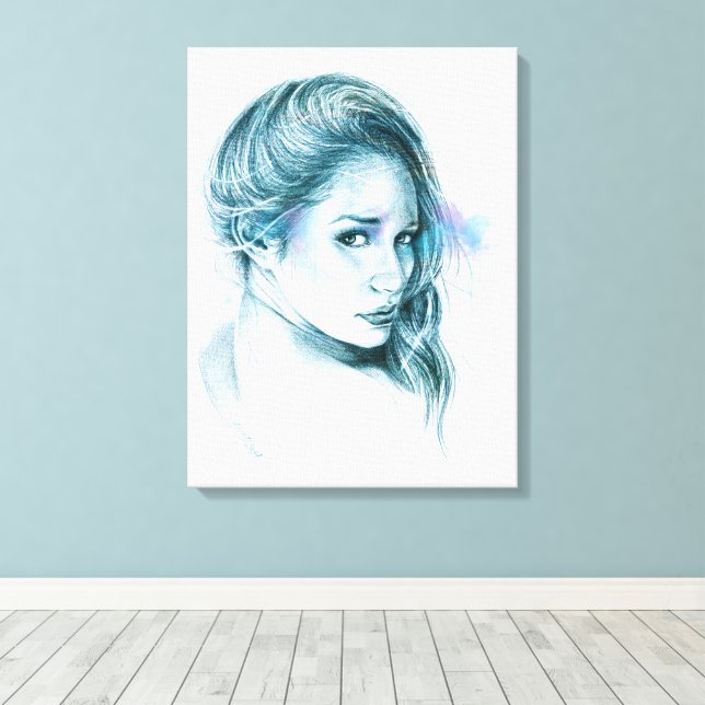 Dibujo a lápiz de una chica retrato arte Azul (Insitu (piso de madera))