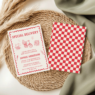 Dibujo a Mano Retro Rojo Invitación de Baby Shower