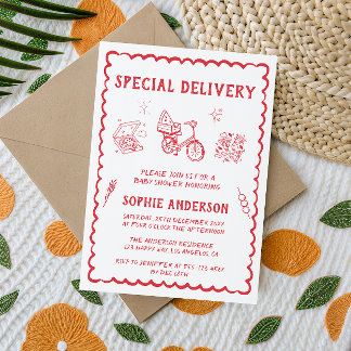 Dibujo a Mano Retro Rojo Invitación de Baby Shower