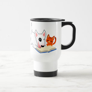 Dibujo animado Bullie y gatito con la taza del