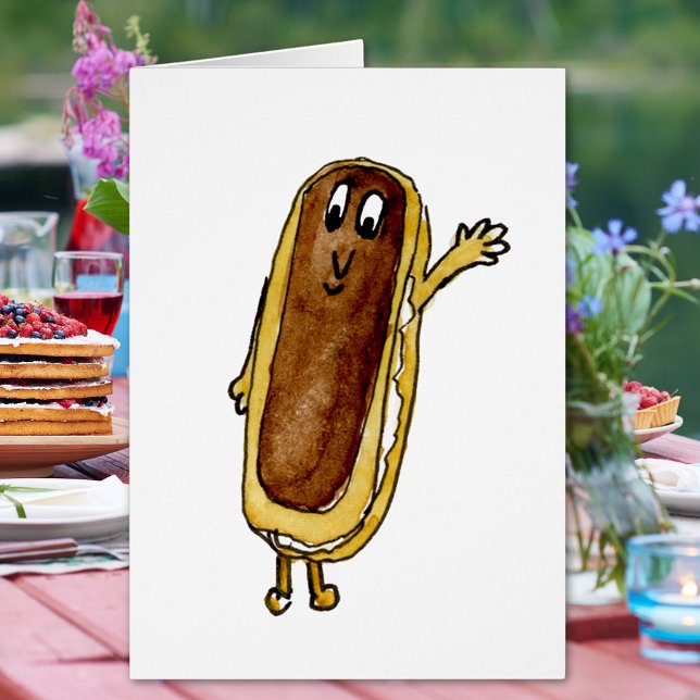 Dibujo animado de pastel divertido de chocolate Éc (Chocolate eclair cute watercolor cartoon art greetings card for baking and cake sweet treat lovers)