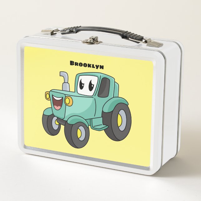 Dibujo animado de tractor verde feliz y lindo (Anverso)