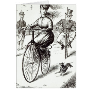 Dibujo animado de una señora en un velocípedo,