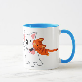 Dibujo animado lindo bull terrier y taza del