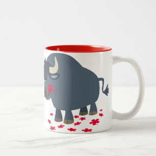 Dibujo animado lindo Bull y taza roja de la
