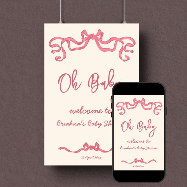 Dibujo de arco de cinta rosa para bebé ducha señal (Pink ribbon bow sketch baby shower welcome sign poster template digital download personalized decor)