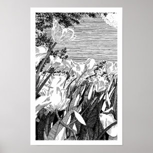 Dibujo de arte de línea de campo de tulipanes botá