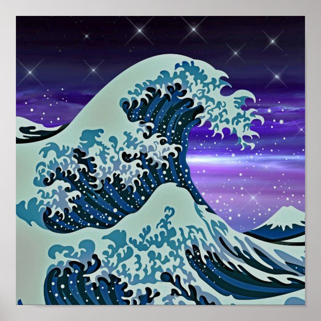 Dibujo de arte japonés con una ola de tsunami azul (Frente)