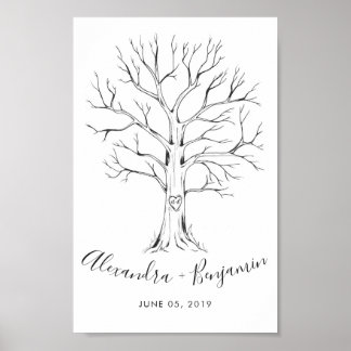 Dibujo de mano del libro de visitas de árbol boda