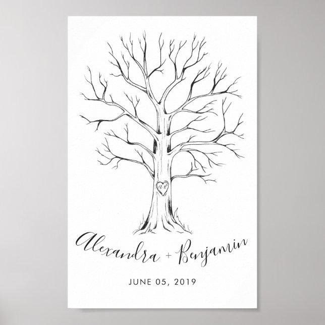 Dibujo de mano del libro de visitas de árbol boda (Frente)
