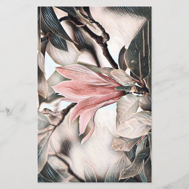 Dibujo de una hoja de papel con flores de magnolia (Anverso)