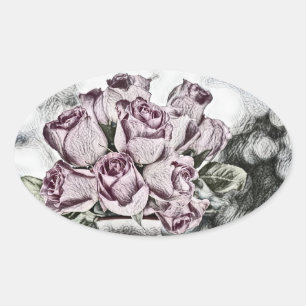Dibujo del cubo de rosas rosadas Pegatinas Óvalos