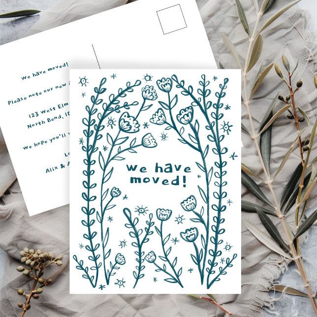 Dibujo del marco floral de la Invitación en movimi (Moving Announcement Floral Frame Sketch Doodle Postcard
Whimsical Custom Change of Address)