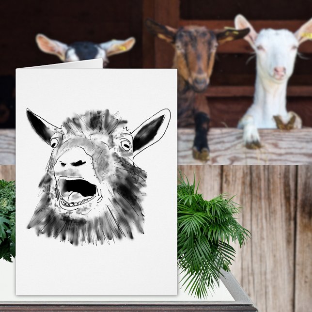 Dibujo Divertido de Cabra Gritando (Funny screaming goat drawing black and white greetings card simple fun farm animal art)