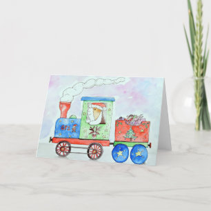 Dibujo en acuarela de Cutie en su tren de Navidad