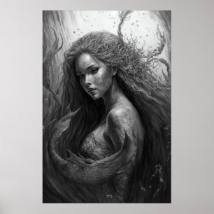 Dibujo en blanco y negro: arte de la sirena
