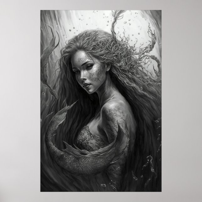 Dibujo en blanco y negro: arte de la sirena (Frente)