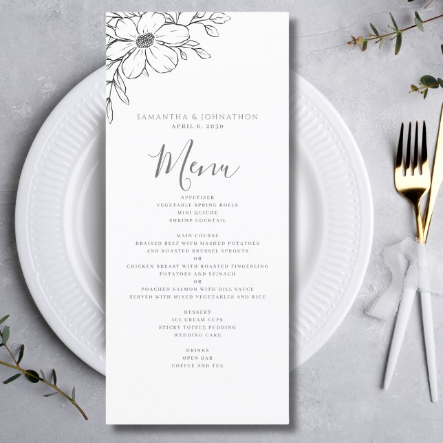 Dibujo floral blanco negro menú plano de boda (Subido por el creador)