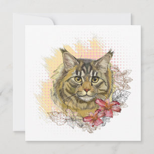 Dibujo manual divertido lindo Maine coon con flore
