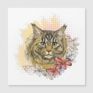 Dibujo manual divertido lindo Maine coon con flore