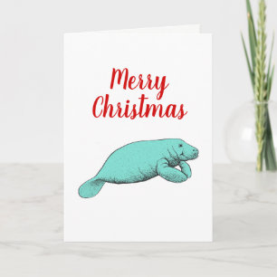 Dibujo Vintage de Manatí Navidad Xmas Aqua
