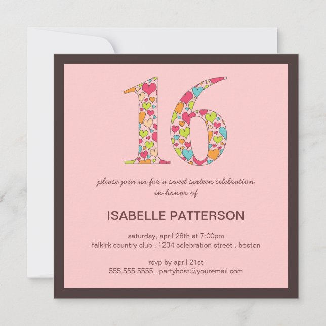 Dieciséis de corazones dulces invitaciones de 16 p (Anverso)