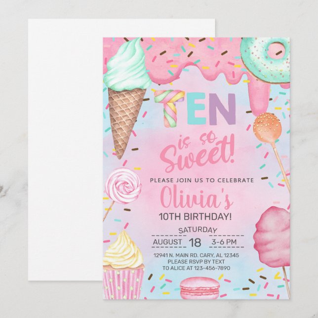 Diez es tan Dulce invitación de cumpleaños número  (Anverso / Reverso)