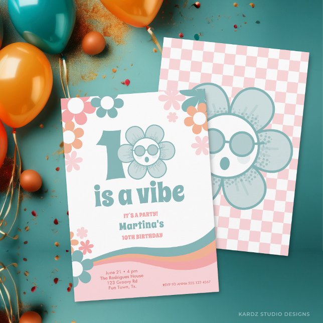 Diez invitaciones de fiesta para cumpleaños de niñ (The front and back of the invitation shown in a 5x7-inch size. Choose size, paper, and corner style.)