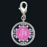 Dije Monograma de Ikat y Pink<br><div class="desc">Un regalo que puede ser personalizado con su monograma dentro del círculo rosado en el centro. El fondo es azul marino y blanco patrón de ikat.</div>